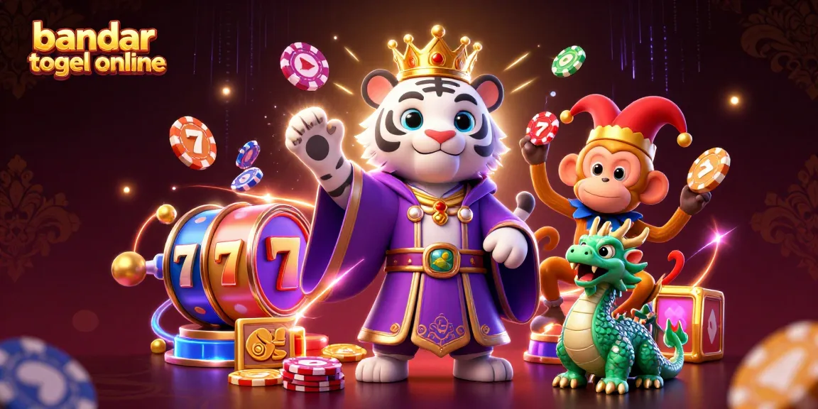 Engage with bandar togel online in this festive 3D illustration showcasing vibrant slot machines and memorable characters.