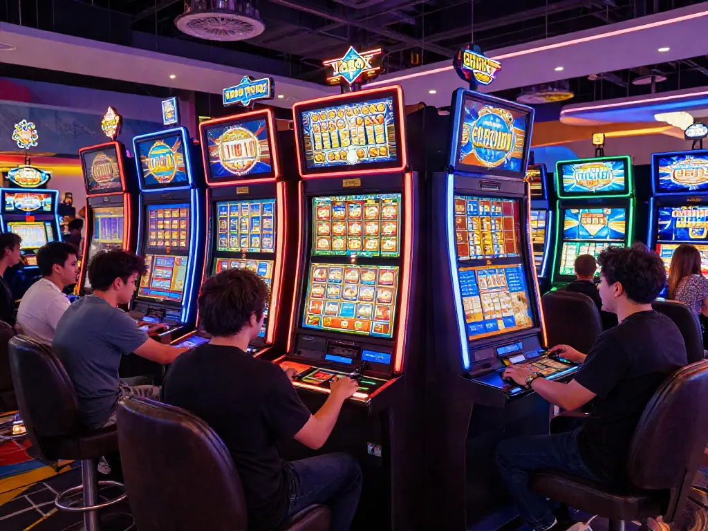 Slot mesin dengan pemain bersemangat yang menikmati permainan di kasino.