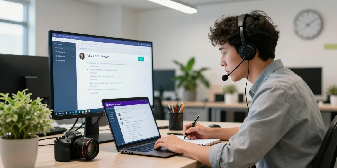 Customer service representative assisting with Telus-Technical-Support in a modern office setting.