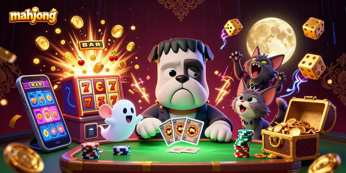 Engage in thrilling mahjong action with this vibrant scene of a Frankenstein bulldog dealer.