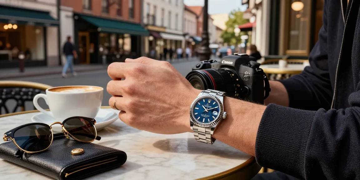 Showcasing Rolex super clone watches in an elegant urban café setting with stylish accessories.