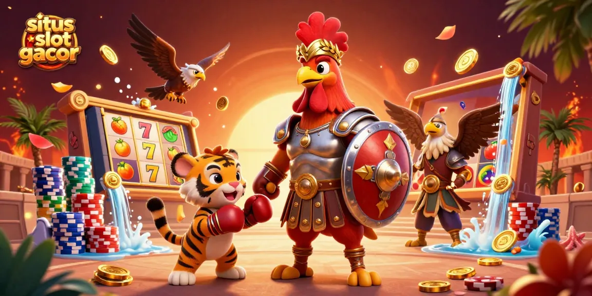 Engage with situs slot gacor featuring a gladiator rooster, slot reels, and vibrant casino elements.