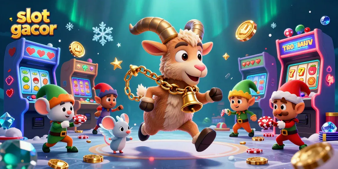 Play slot gacor with cartoon characters in a festive holiday casino filled with gaming elements.