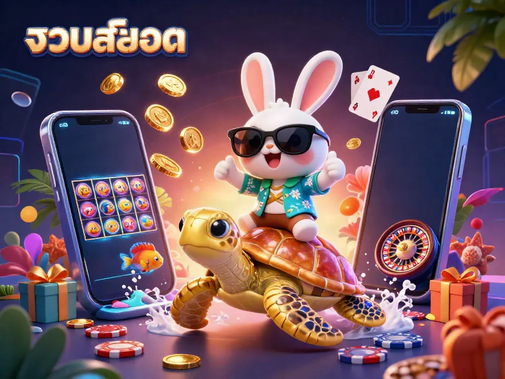 Spin and win with รวมสล็อต as a lucky rabbit rides a golden turtle amidst vibrant casino elements.