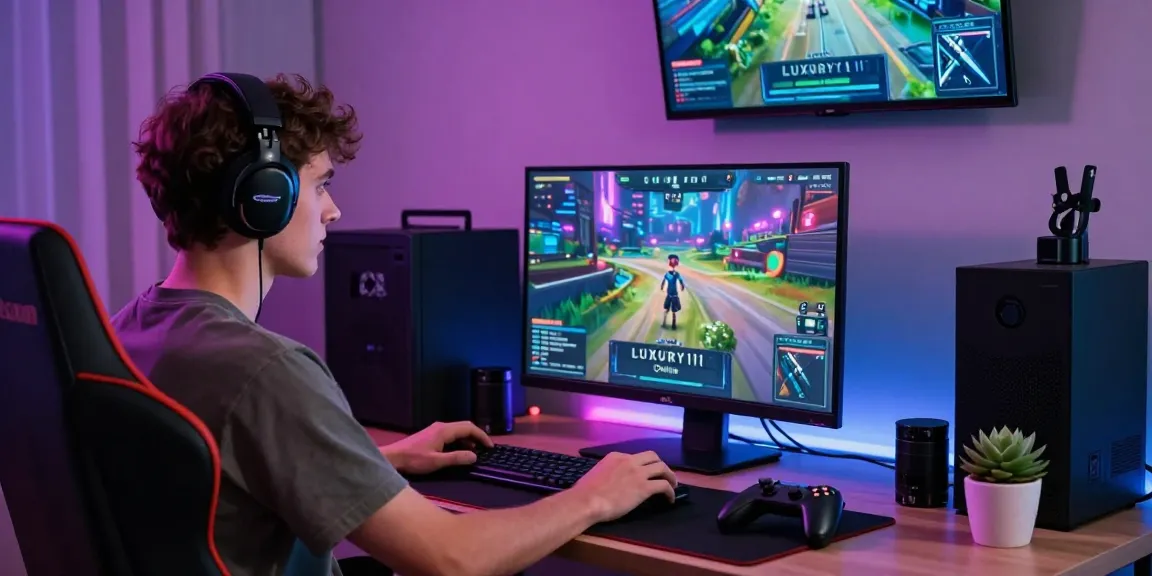 Lingkungan permainan online dengan fokus pada LUXURY111 Online, menampilkan gamer serius dengan headset dan aksesori modern.