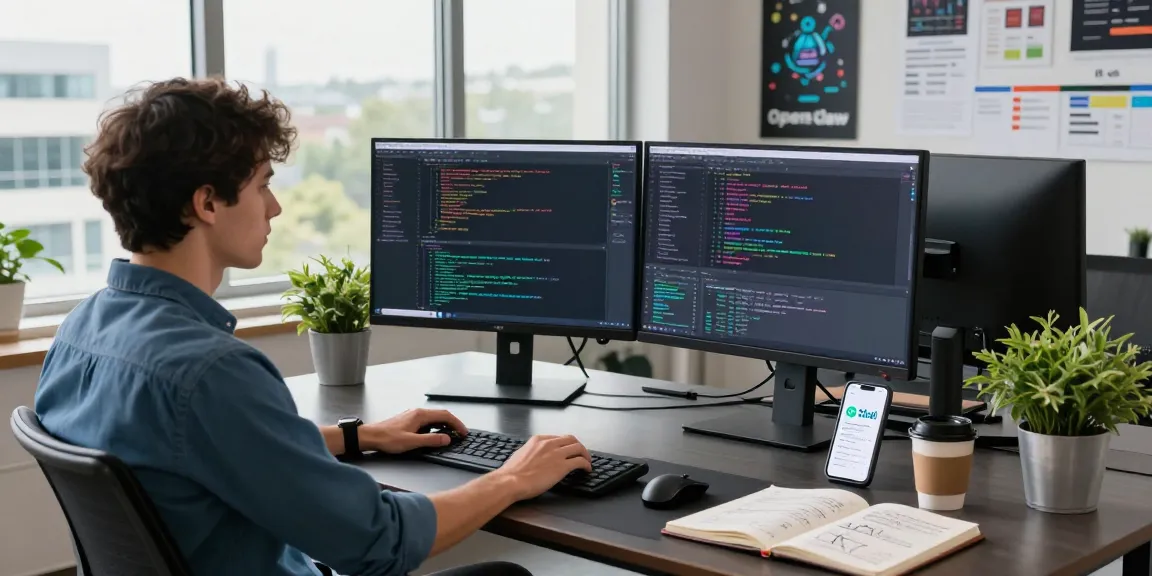 OpenClaw software development workspace showcasing vibrant code on multiple monitors and a collaborative environment.