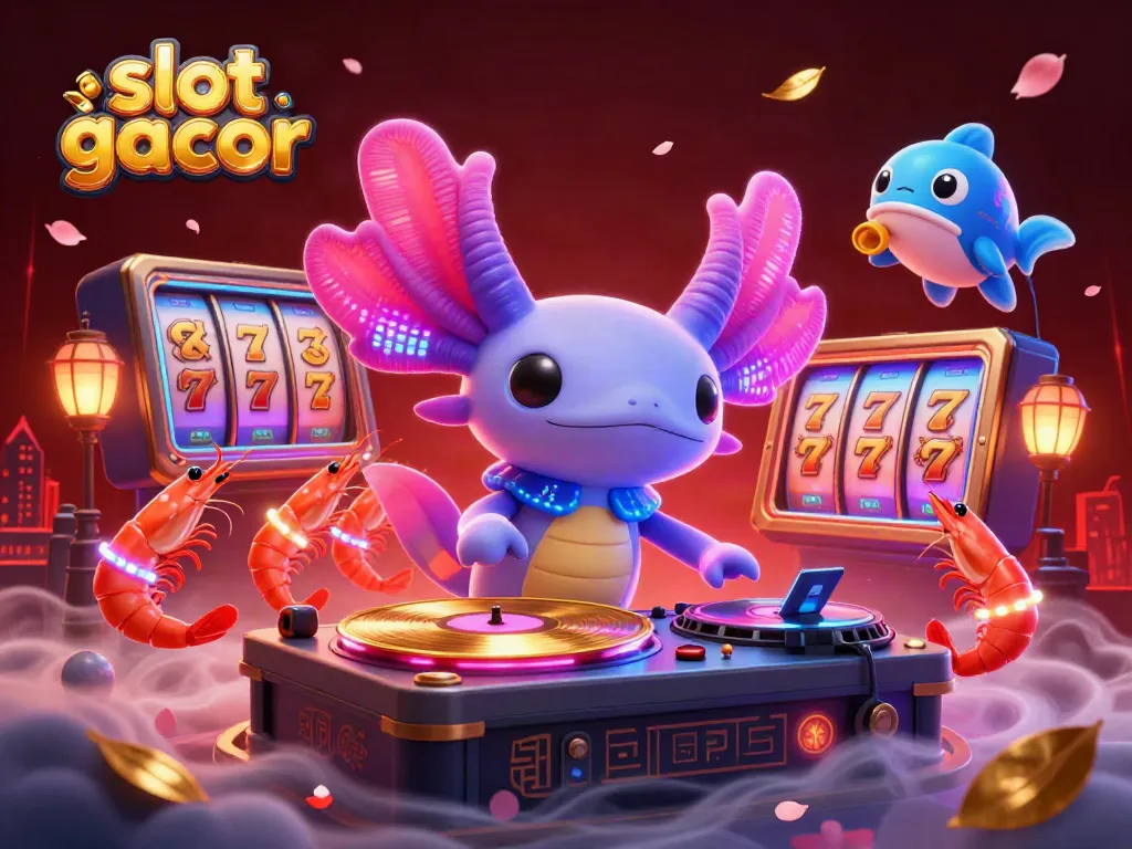 Experience the thrill of slot gacor with a vibrant 3D casino scene featuring a DJ axolotl and dynamic elements.