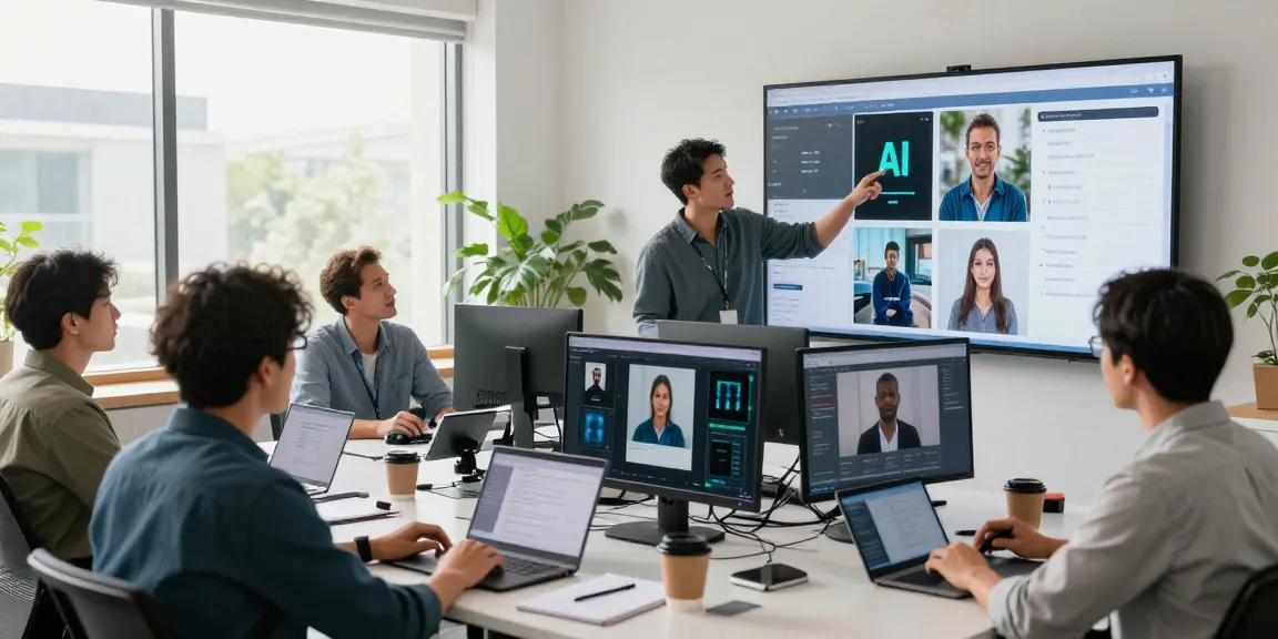Team collaborating on free AI image detector analysis in a modern office.