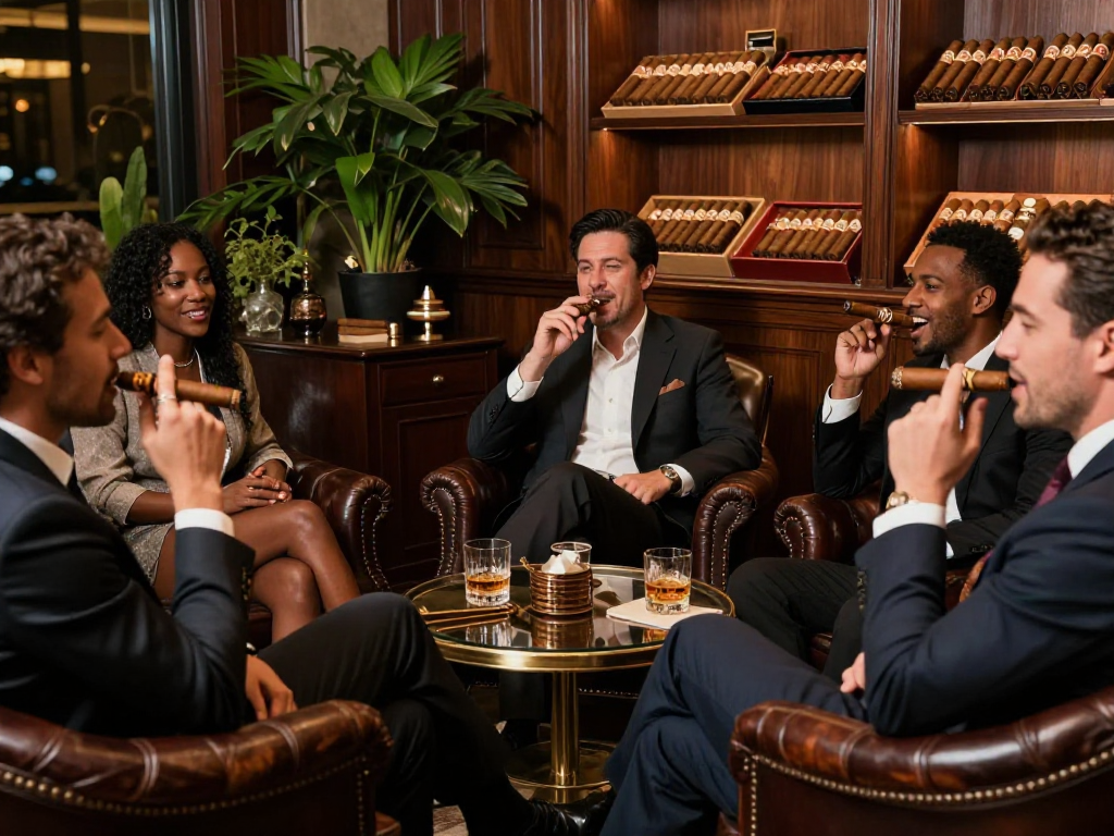 Friends enjoying cigars in an elegant lounge, highlighting rokok88 daftar experience in a luxurious setting.