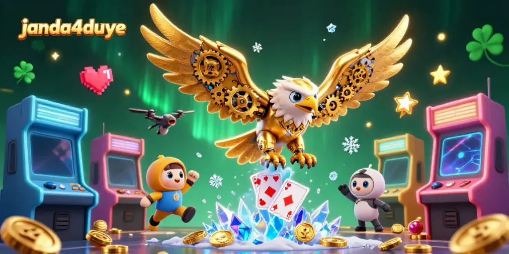 Janda4duye menyajikan Eagle cybernetic 3D berwarna emas dengan kartu holografik di latar belakang bermain dalam suasana gemerlap.