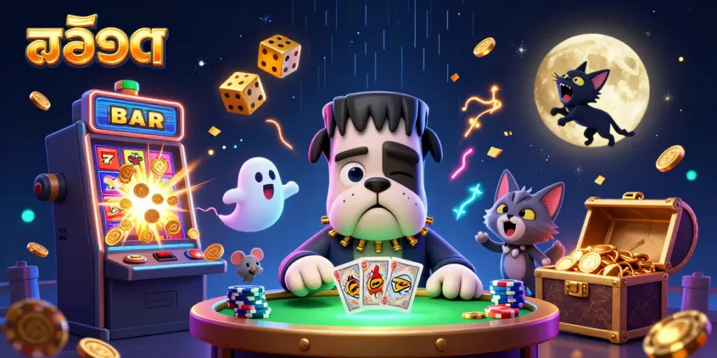 Engage with the thrilling world of สล็อต featuring a whimsical scene with a Frankenstein bulldog, floating ghost mouse, and a werewolf kitten amid a jackpot explosion.