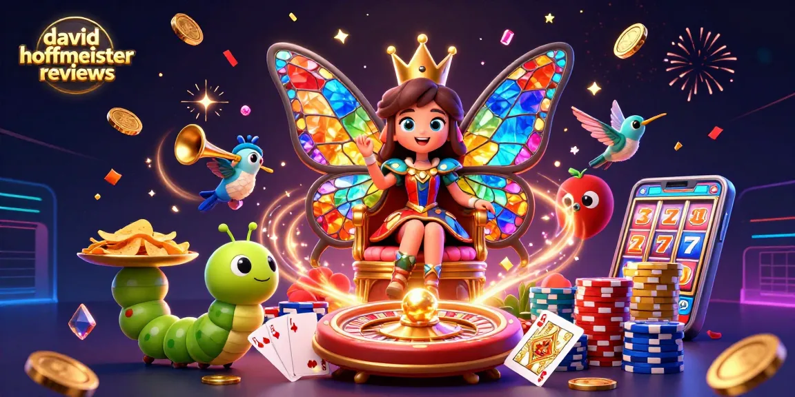Engage with david hoffmeister reviews through an immersive 3D casino illustration showcasing a vibrant butterfly queen amidst dynamic gambling elements.