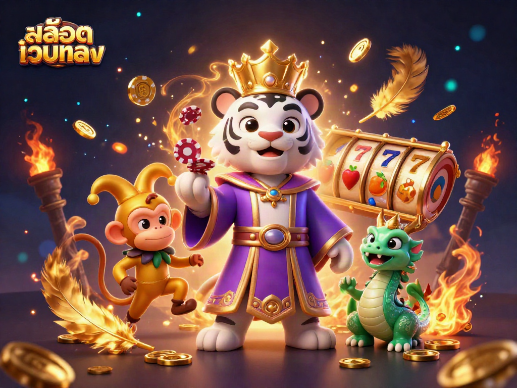 Engage with สล็อตเว็บตรง in a vibrant casino world featuring a royal tiger, jester monkey, and magical dragon.