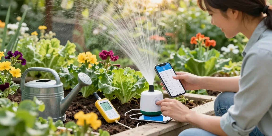 Gardener using RainPoint water timer app in vibrant flower garden, showcasing innovative irrigation management.