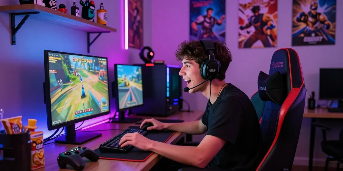 Pemain menggunakan headset di ruang permainan yang cerah dan penuh warna. Daftar akun di https://levitraps.com untuk pengalaman gaming terbaik.