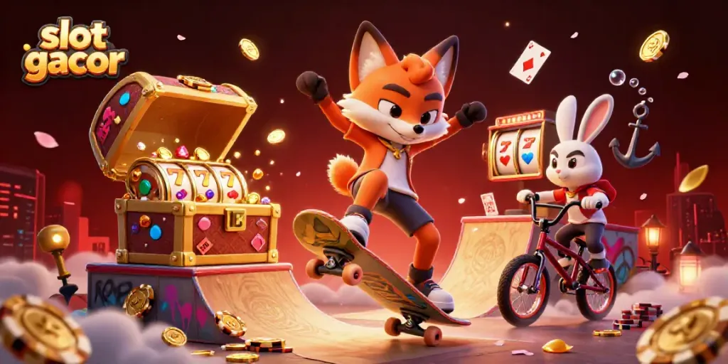 Engaging scene of a skateboarder fox and BMX rabbit showcasing slot gacor theme with vibrant casino elements.