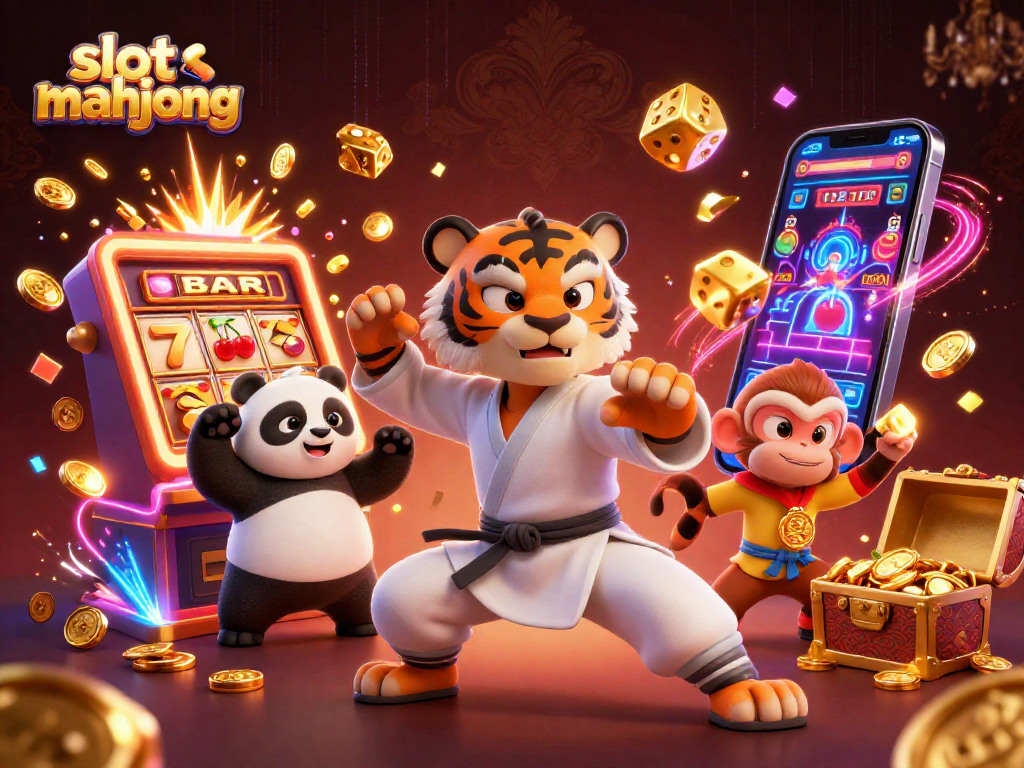 Engage with slot mahjong as our kung fu tiger master showcases winning strategies amidst a vibrant casino scene.