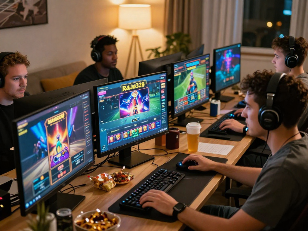 Excited players immersed in Raja328 login gaming experience with vibrant graphics and cozy atmosphere.