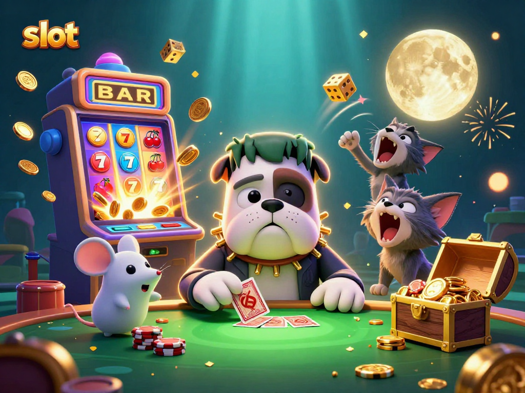 Engage with thrilling slot gameplay at a spooky casino table surrounded by vivid 3D characters and jackpots.