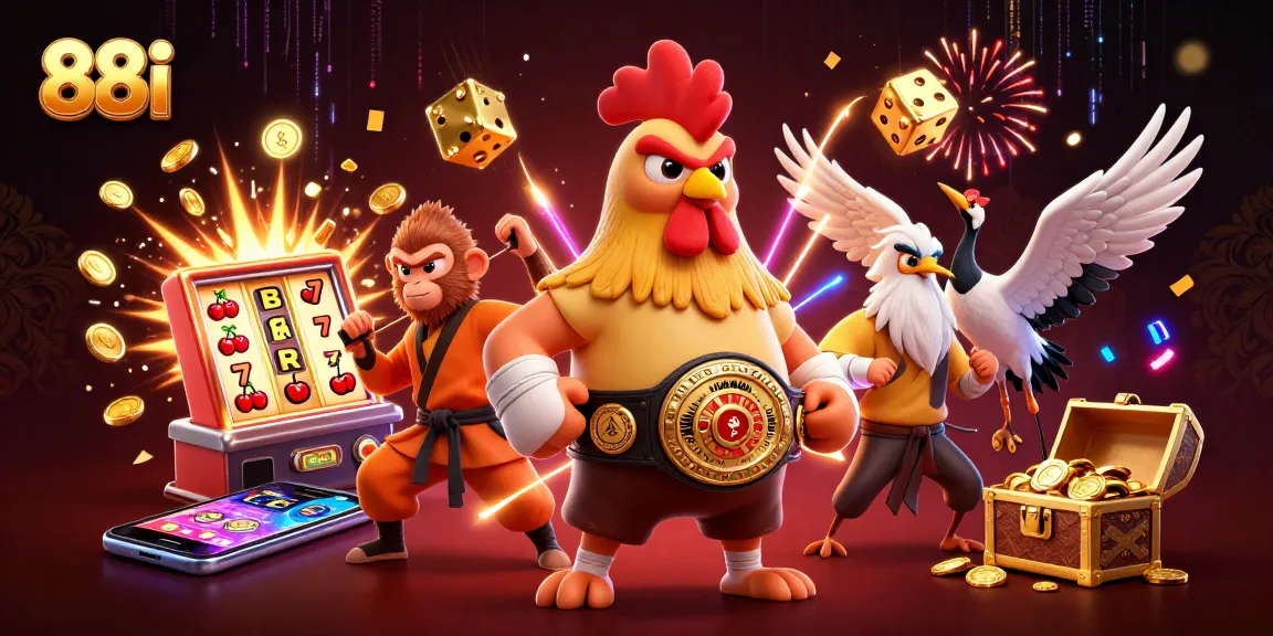 Engage in thrilling games at 88i with a vibrant 3D illustration of a Muay Thai rooster and Shaolin monkey surrounded by colorful casino elements.