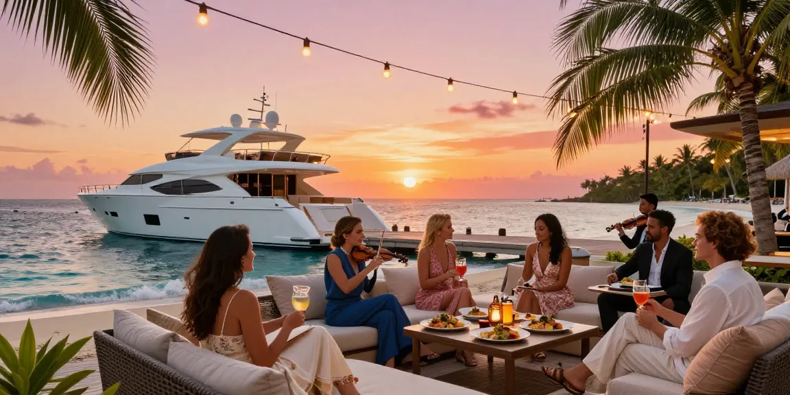 Keberadaan luxury111 dalam suasana mewah di atas kapal pesiar pribadi menikmati matahari terbenam dengan hidangan gourmet.