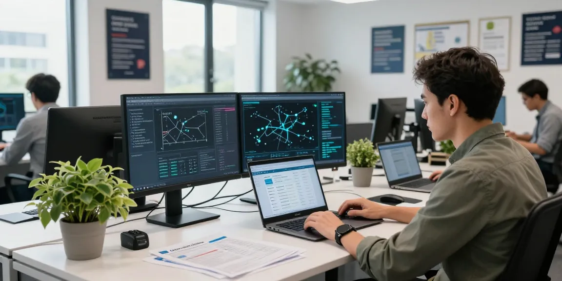 Cyber essentials checklist displayed on a laptop with cybersecurity expert analyzing data in a modern office.