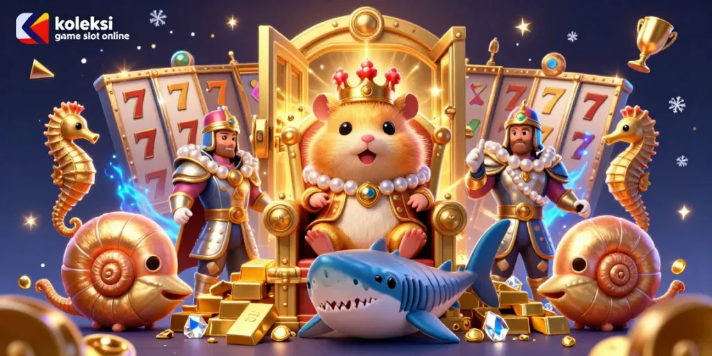 Ilustrasi koleksi game slot online dengan hamster raja dan karakter kasino lainnya yang menarik.