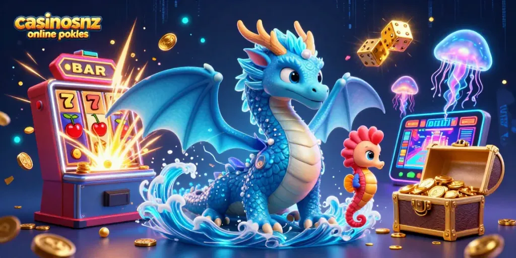 Engage with casinosnz online pokies through vibrant illustrations of a water dragon, slot machine, and jellyfish.