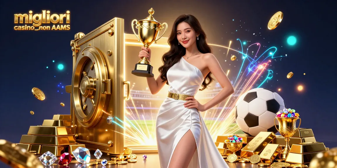 Migliori casino non AAMS scena illustrata che mostra una donna asiatica vittoriosa con un trofeo in mezzo a elementi di gioco vibranti.