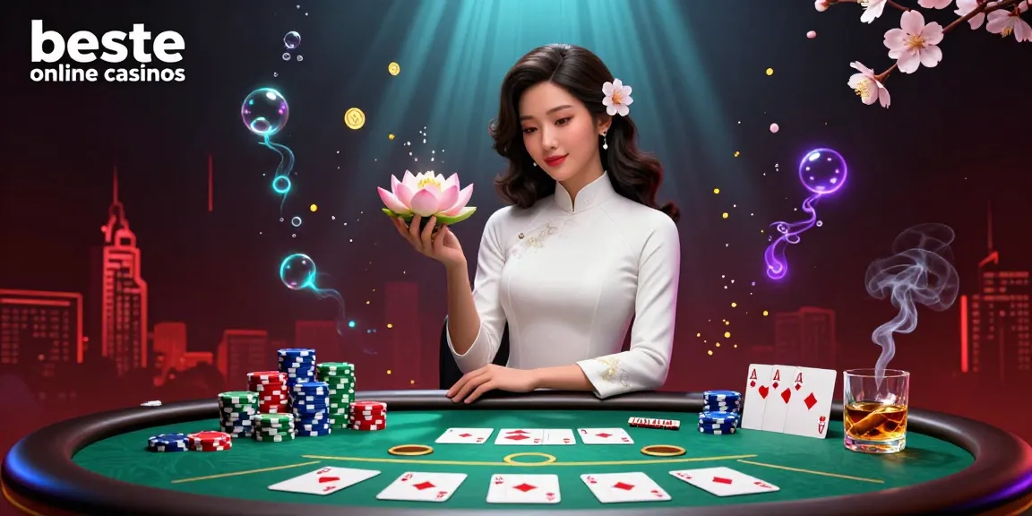 Discover the elegance of the beste online casinos with a serene Asian woman in traditional attire surrounded by vibrant poker elements.