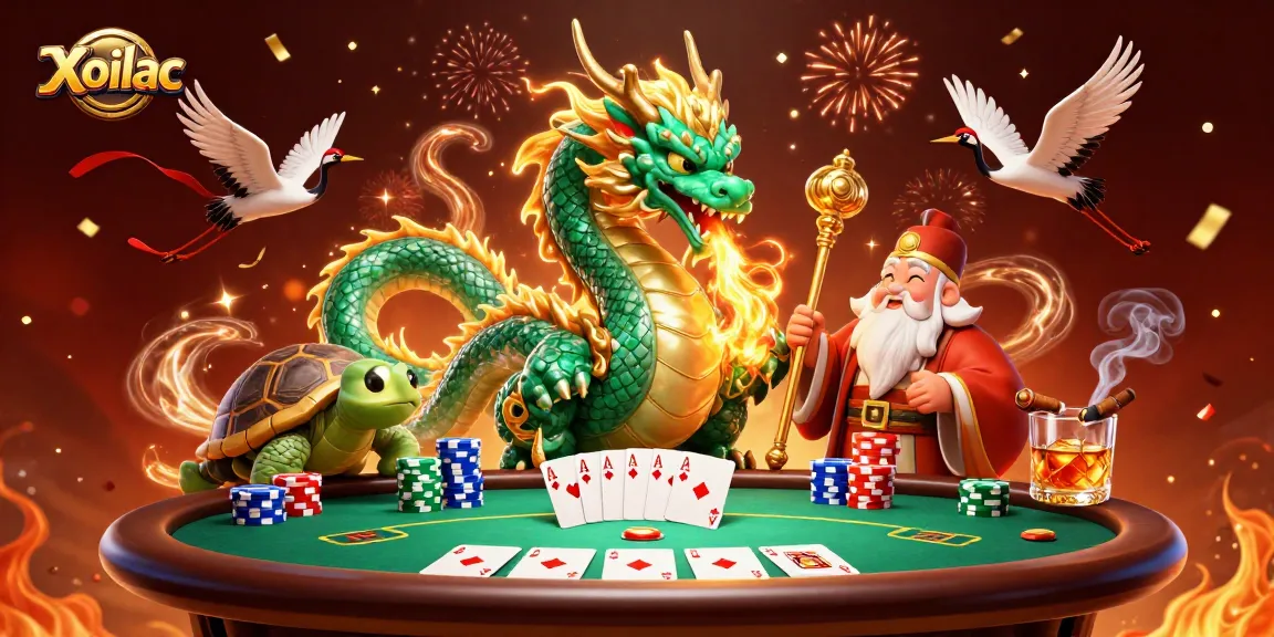 Xoilac captivates players with thrilling poker action among majestic characters in a vibrant casino scene.