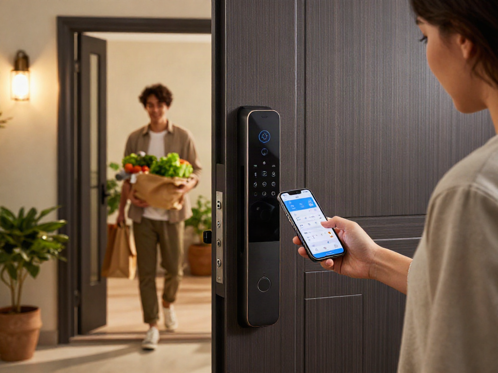 Smart lock قفل هوشمند being used by a homeowner for secure access in a modern home.