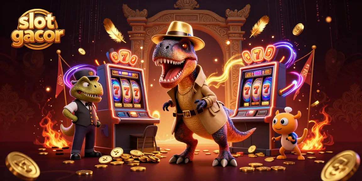 Engage with slot gacor action in a vibrant casino scene featuring animated dinosaur characters.