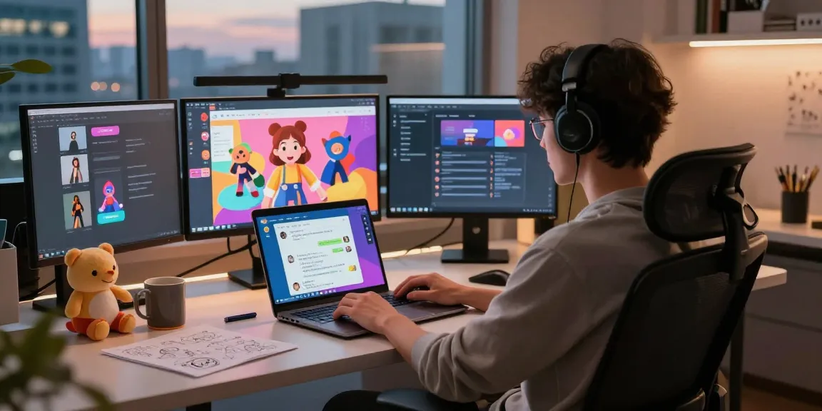NSFW character AI chat interaction with vibrant digital workspace elements.