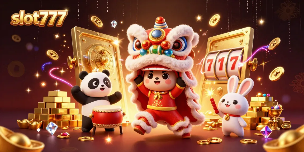 Play slot777 with exciting action featuring golden treasures and dynamic characters in a vibrant casino scene.