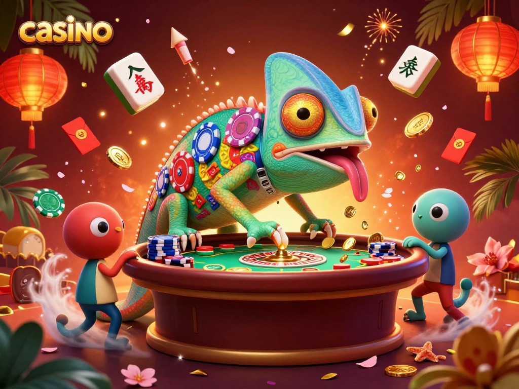 Charming casino scene with a colorful chameleon owner capturing golden coins, illustrating the excitement of gambling.
