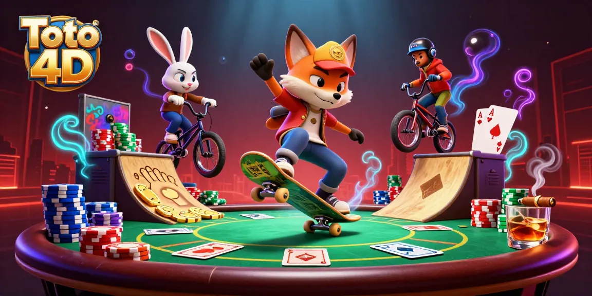 Engage with Toto 4D as a playful fox navigates gleaming poker chips and vibrant graffiti in a thrilling casino scene.