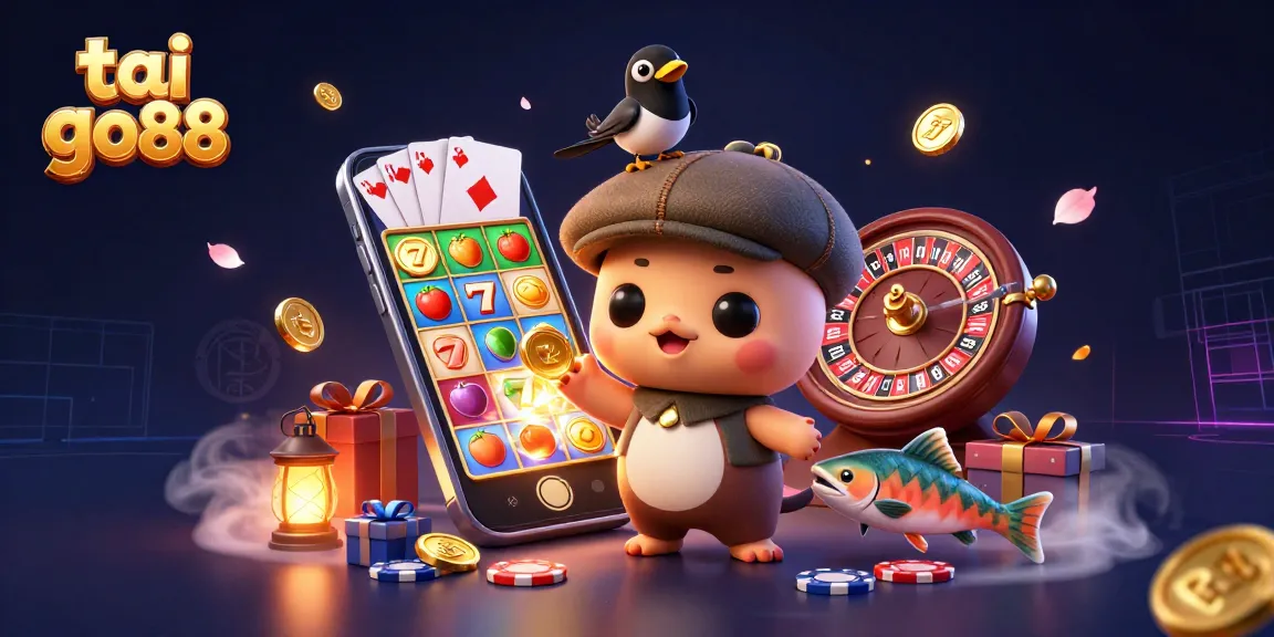 Experience tai go88 with a playful cartoon scene showcasing exciting slot games and characters.