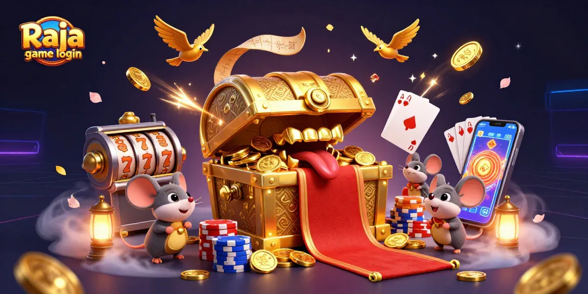 Engage with the exciting Raja game login experience, showcasing rich treasures and animated slot symbols.