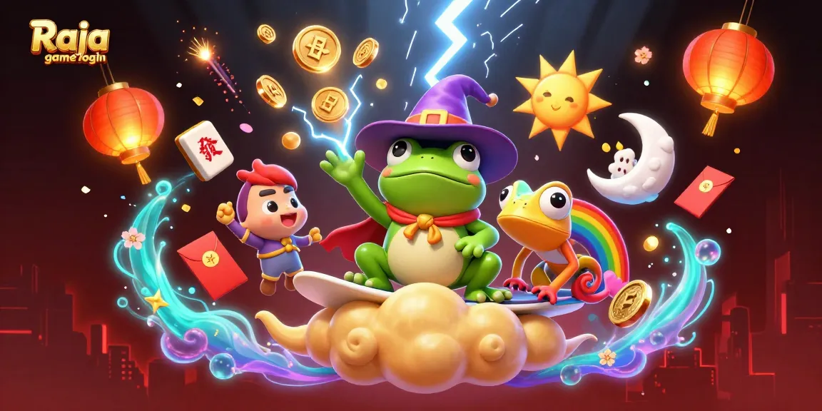 Win big with Raja game login featuring a wizard frog and chameleon in an exciting casino scene.