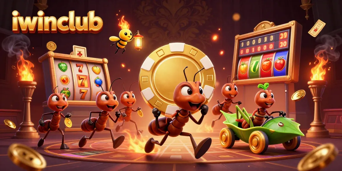 iwinclub showcases a thrilling heist scene featuring ants and a grasshopper in a vibrant casino atmosphere.