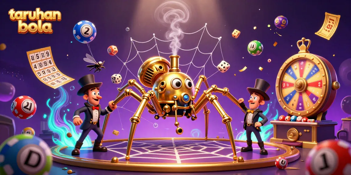 Engage in taruhan bola with a dazzling illustration of a steampunk spider and lively casino elements.