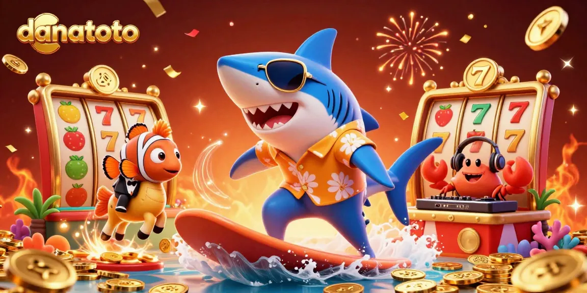Engage with danatoto's vibrant casino adventure featuring a surfing shark and playful ocean characters.