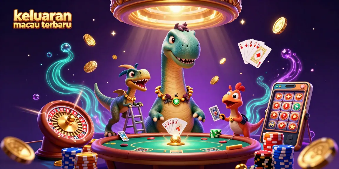 Keluaran macau terbaru: engaging illustration of a cartoon brontosaurus at a casino, with dynamic gambling elements.