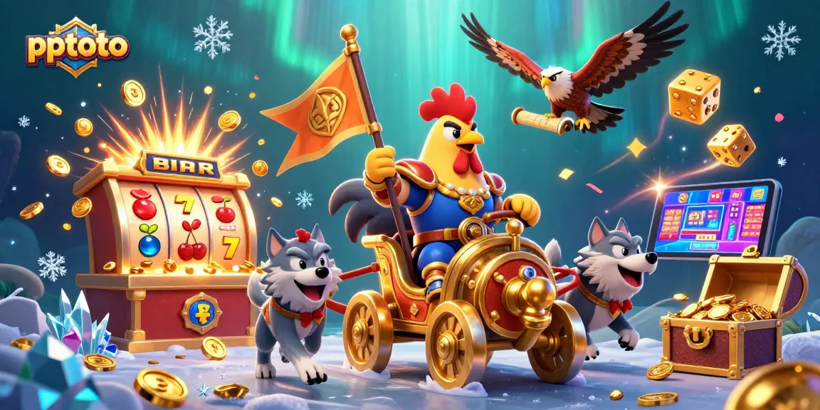 Experience exciting gameplay at pptoto with a cartoon rooster warlord and dazzling slot machines.