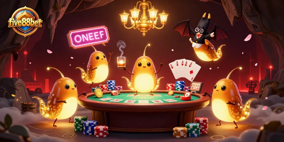 Experience the vibrant atmosphere of five88bet's cave casino with illuminated glowworms and poker action.