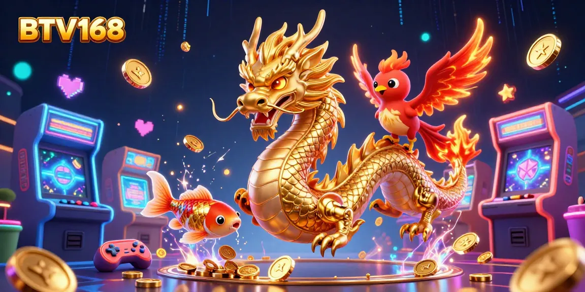 BTV168 showcases a fierce dragon, phoenix, and koi fish amid a vibrant casino scene