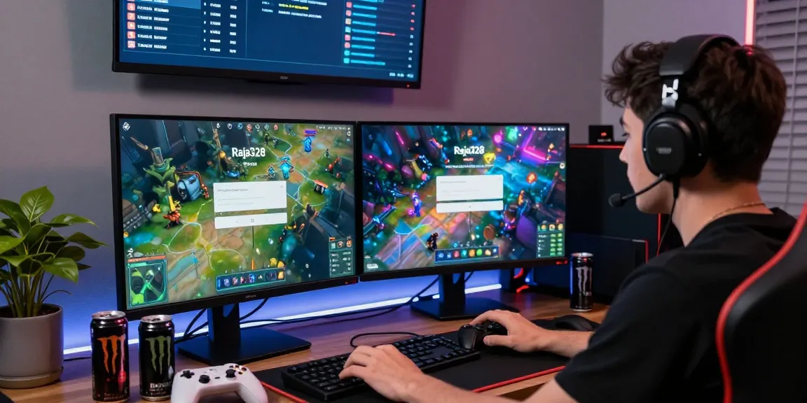 Engaging raja328 login scene with a focused gamer in a vibrant, immersive gaming setup.